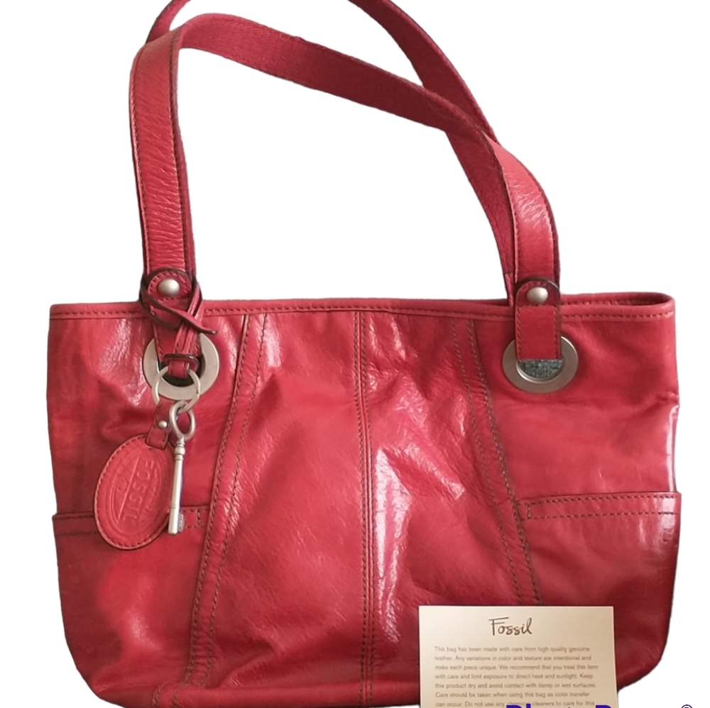 Fossil leather tote bag candy apple red silver hardware Hathaway tote distressed